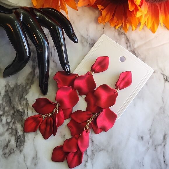 Red Rose Petal Long Earrings - Picture 1 of 15